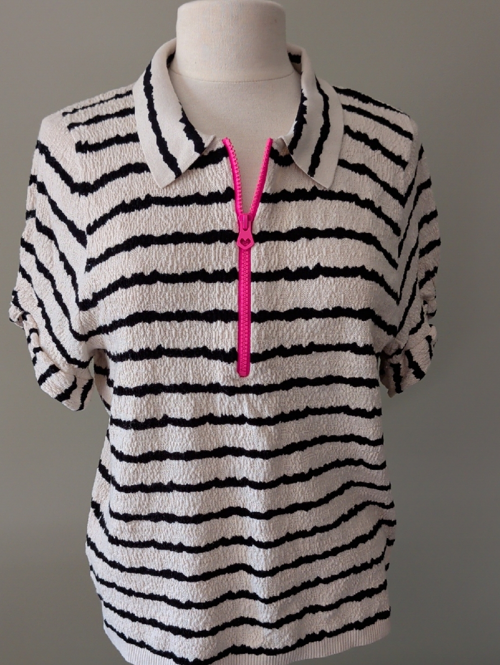 Lisa Todd Get in Line Sweater Natural and Black Stripe W/ Hot Pink Zipper. Lge